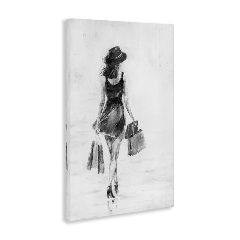 Art mural sur toile, "Fille avec sacs à provisions" par Joklanta Kowalik, H 45 po x l 30 po