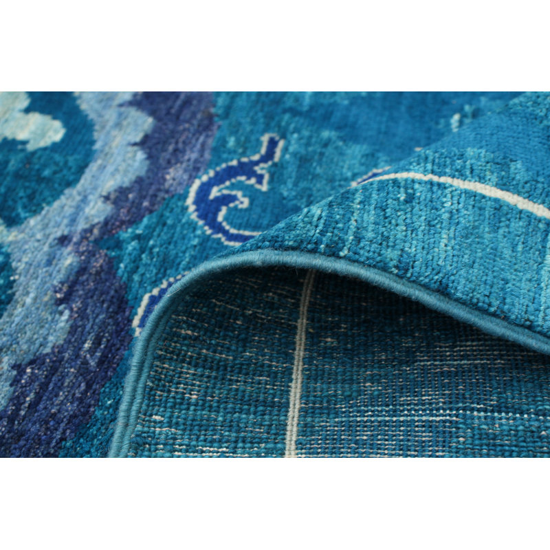 Tapis turquoise en laine noué à la main Deluna, Rectangle 4 pi x 6 pi