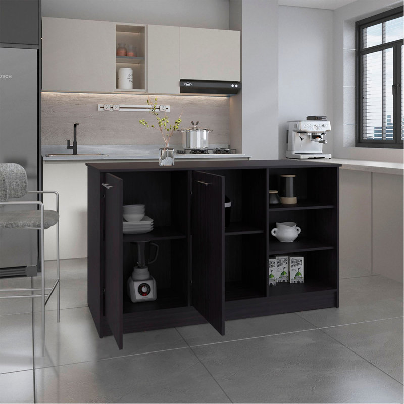Kitchen Island Two Cabinets, Three Open Shelves, Black
