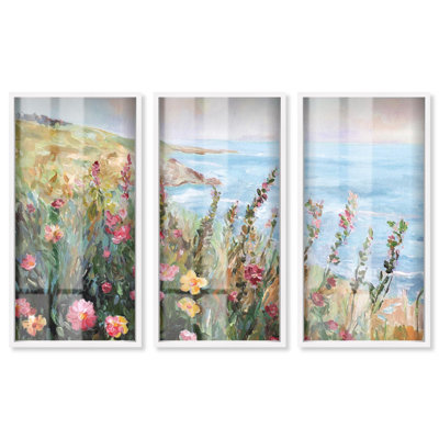 Quand les fleurs rencontrent le ciel - Ira Comleva, reproduction abstraite grand format en trois parties, encadrée sous verre par Art Remedy, cadre blanc, 20 x 40