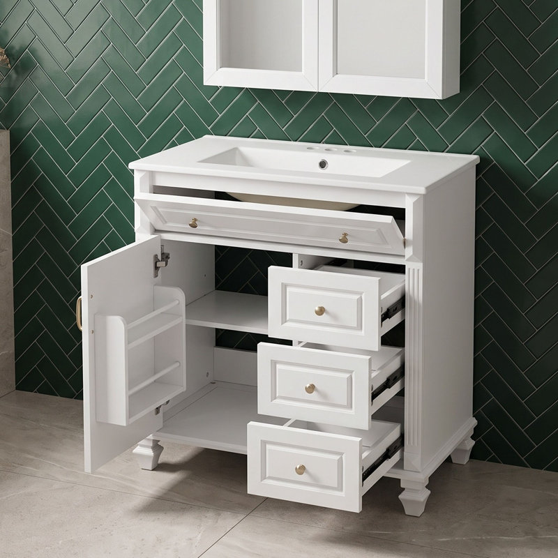 Armoire de meuble-lavabo 30 po avec lavabo en céramique, 3 tiroirs de rangement, tablette réglable et supports de porte