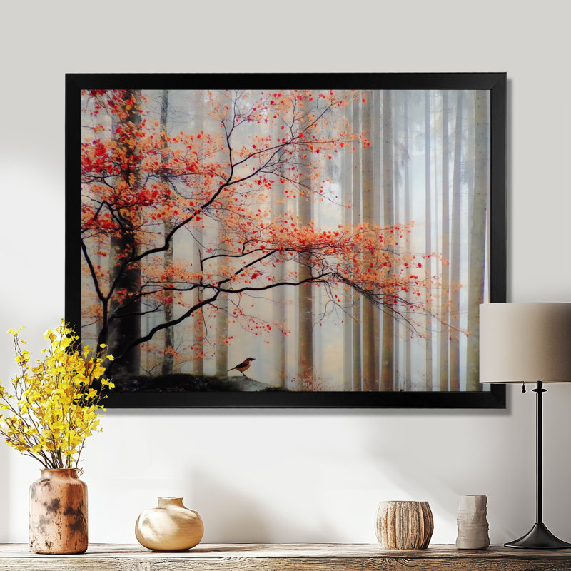 Forêt d'automne matin rosée au Québec - forêt, décoration murale, art mural rouge encadré, H 12 po x l 20 po, Noir