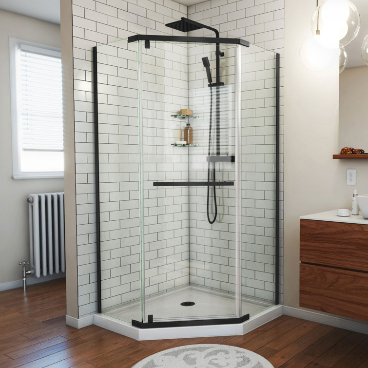 Prism 40" W x 40" D x 74.75" H Frameless Neo-Angle Reversible Shower Kit with Towel Bar and Base Included