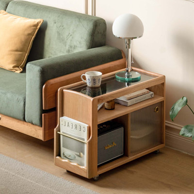 27.9"W Solid Oak Modern Moible End Table with Fluted Glass Doors, Wheels