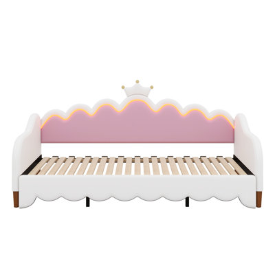 Extending Daybed With LED Lights, Modern Upholstered Princess Daybed With Crown Headboard
