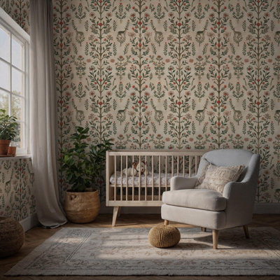 Murale de cerf à motif floral rétro | Papier peint à motif arbre de vie botanique | Non tissé ou pelez et collez
