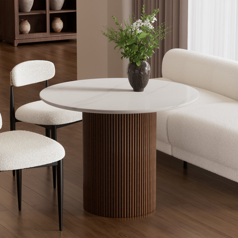 Round Faux Marble Dining Table With Wood Fluted Base, White, 30" H x 42" L x 42"  W, Walnut