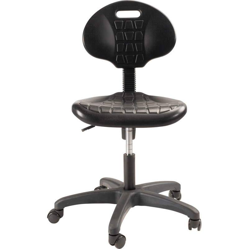 Backed Adjustable Height Ergonomic Industrial Stool with Footring and Wheels, 16"-21"
