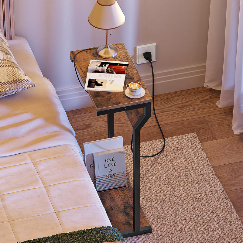 Table d'appoint étroite avec station de charge, Brun / Noir