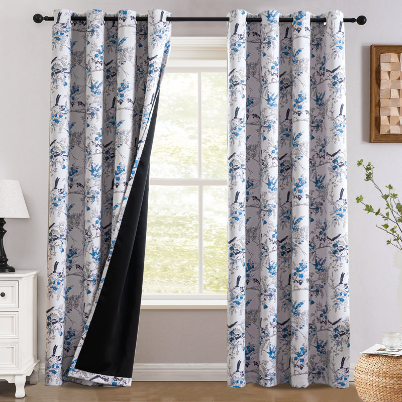 100% Blackout Curtains 2 Panels Set Hummingbird Floral Printed Drapes for Bedroom with , Blue, 52" W x 84" L