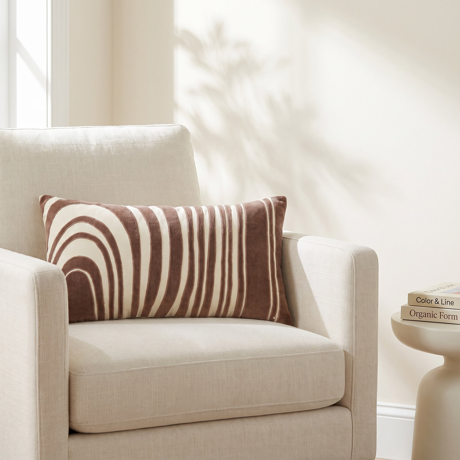 Hatton Embroidered Cotton Lumbar Throw Pillow, Brown/Beige