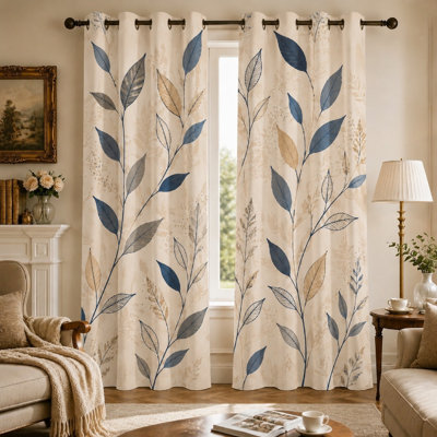 2Pcs Botanical Leaf Print Sun Blocking Curtains, Elegant Style, Living Room Decor, Decorative Light-Blocking, Ring Top for Home Dector