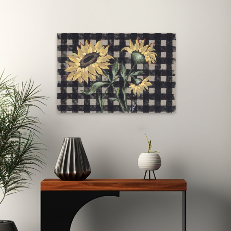 Tournesols à carreaux II, art contemporain de tournesol abstrait, H 16 po x l 24 po