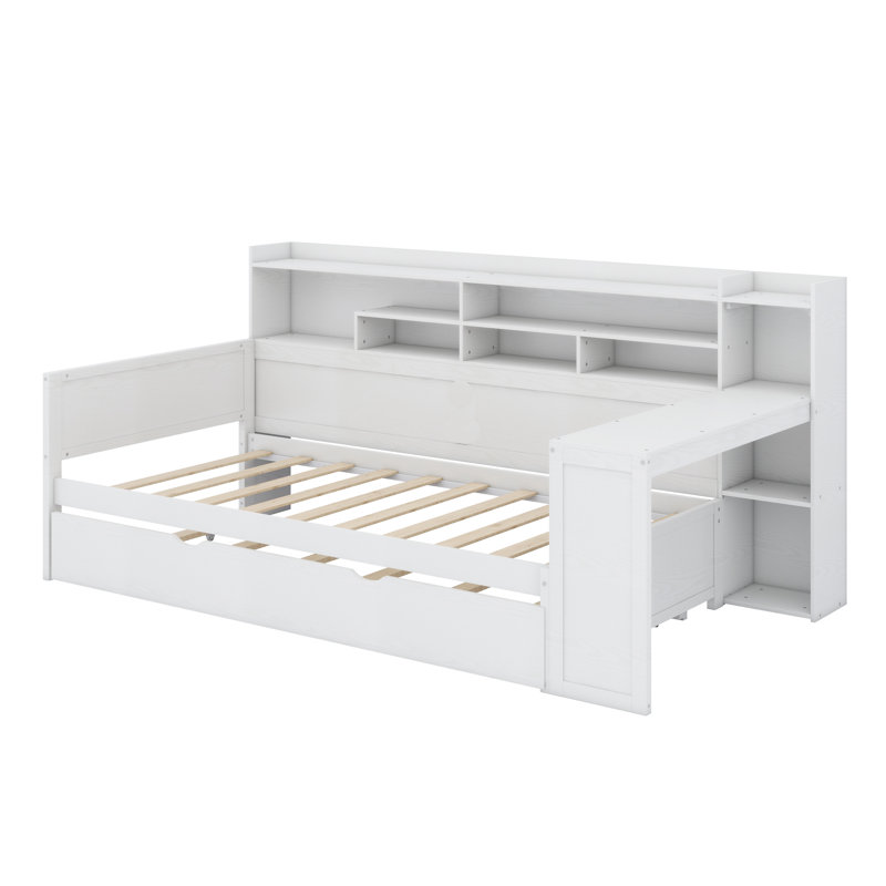 Lit de jour multifonctionnel avec tablettes de rangement intégrées, lit gigogne et bureau d'étude, Blanc antique