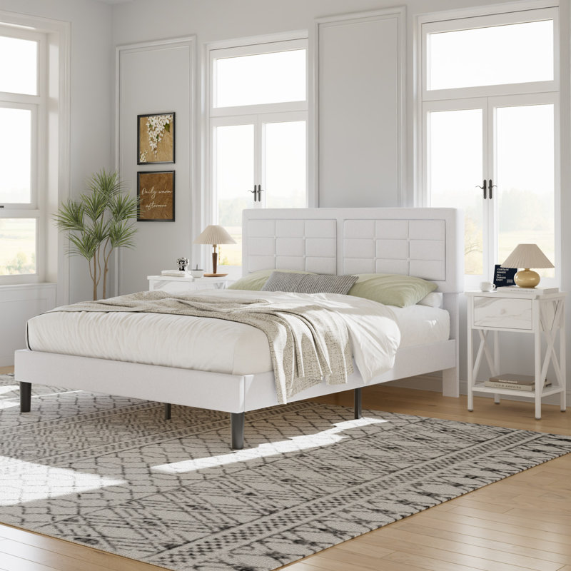 Ensemble de chambre à coucher 3 pièces, cadre de lit plateforme tapissier avec tête de lit réglable + 2 tables de chevet, lit en tissu de lin avec support en lattes de bois, aucun sommier nécessaire, ensemble de mobilier de chambre à coucher moderne