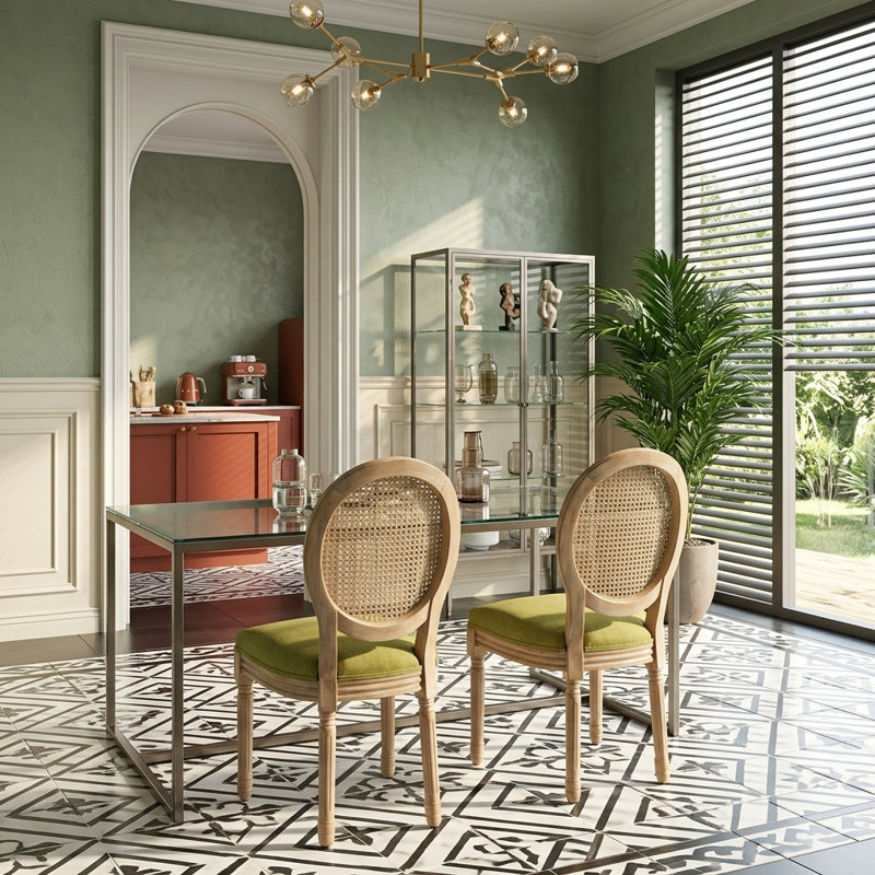 Chaises de salle à manger de style campagnard français, dossier en rotin, pieds en bois massif et coussin à ressorts en S, ensemble de 2