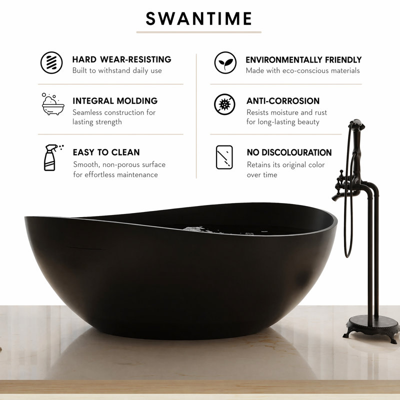 63-in Solid Surface Freestanding Soaking Bathtub with Drain, Modern Wave-Shape Tub with Ergonomic Backrest, Black/White (TL1030-63MB)
