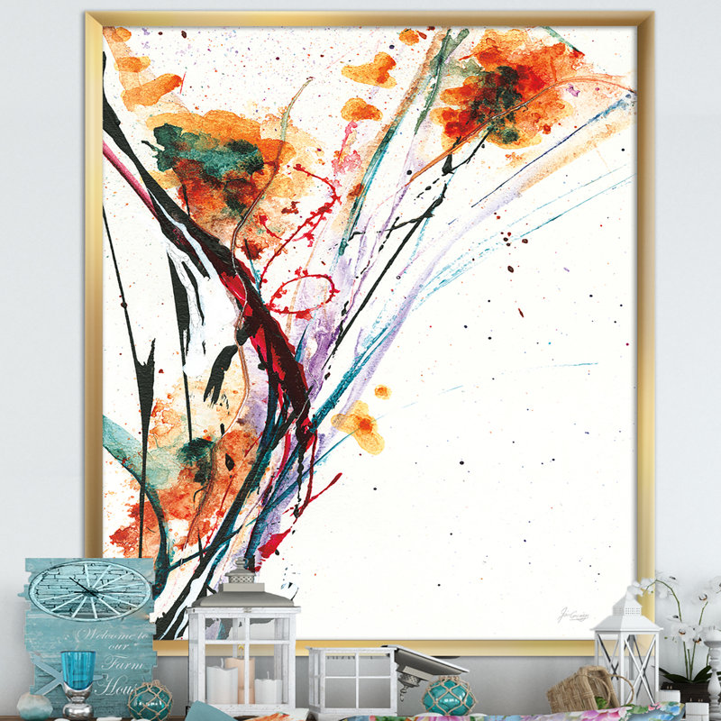 Cadre photo « abstract handpainted orange florals », reproduction sur toile, H 46 po x l 36 po x P 1,5 po, Cadre doré