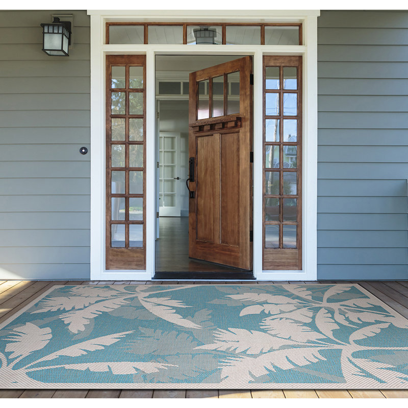 Waddington Floral Ivory Turquoise Indoor Outdoor Area Rug, Rectangle 7'6" x 10'9"