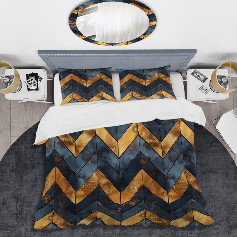 Ensemble de housse de couette transitionnelle Blue Gold Chevron Glamour IV, Housse de couette pour grand lit et 2 taies décor