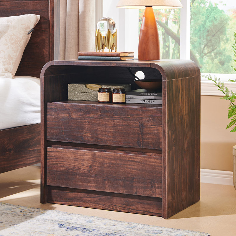 Maud 25" Tall Modern Nightstand with Charging Station, 23.6'' Wide Wood Bedside Table w/2 Storage Drawers, Large Mid Century End Table for Bedroom