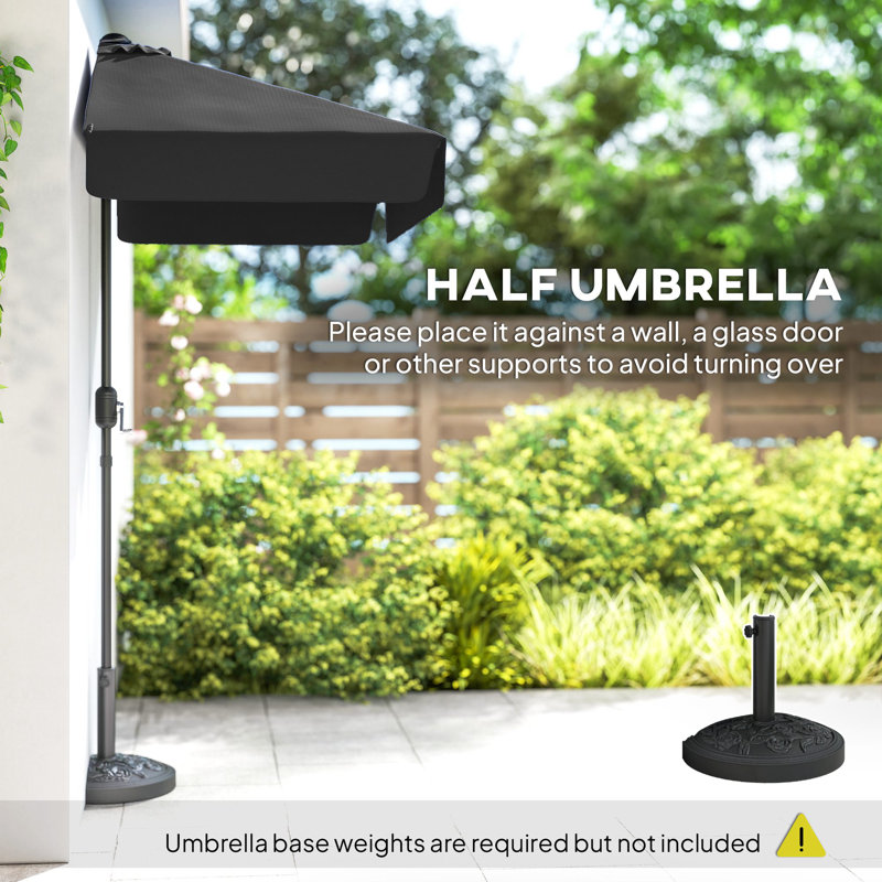 7.5ft Half Umbrella Patio Parasol Sun Shade, Crank Handle, Black, Black