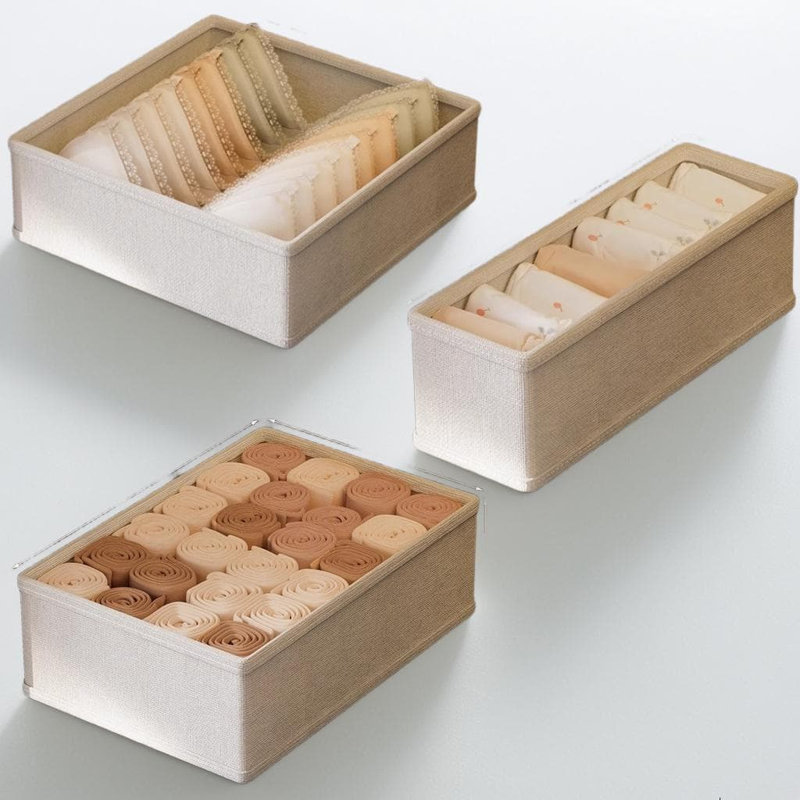 A Beige Three-Piece Set Eco-Friendly Cotton Linen Underwear Storage Organizer - Foldable Space-Saving Laundry Box For Bras, Panties & Socks - Stackable With PP Board Support, Breathable Moisture-Proof Dustproof Design