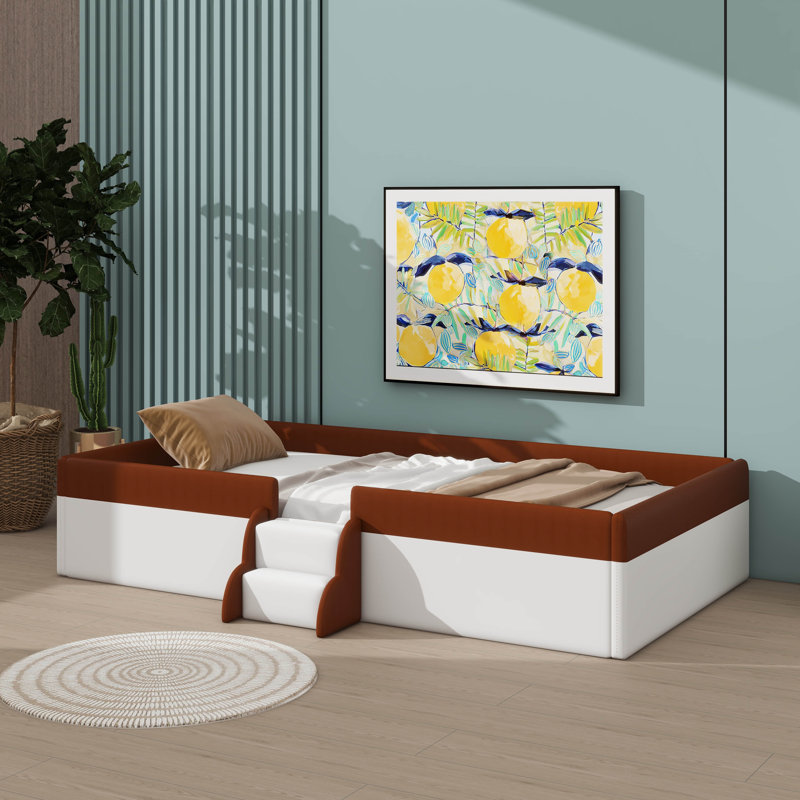 Twin-Sized Daybed Frame, Upholstered With Fence And Integrated Stairs, Brown/White, Twin