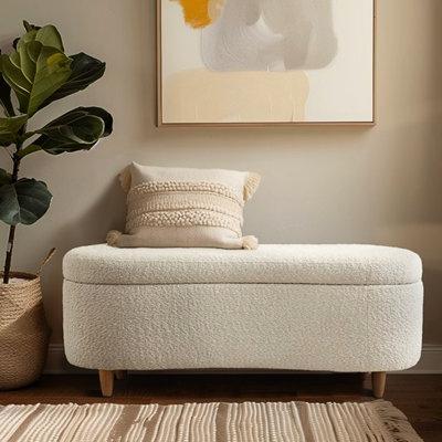 Cream Flip Top Storage Bench With 10.25 - 11.75"d Depth Boucle 400 Lbs Weight Capacity
