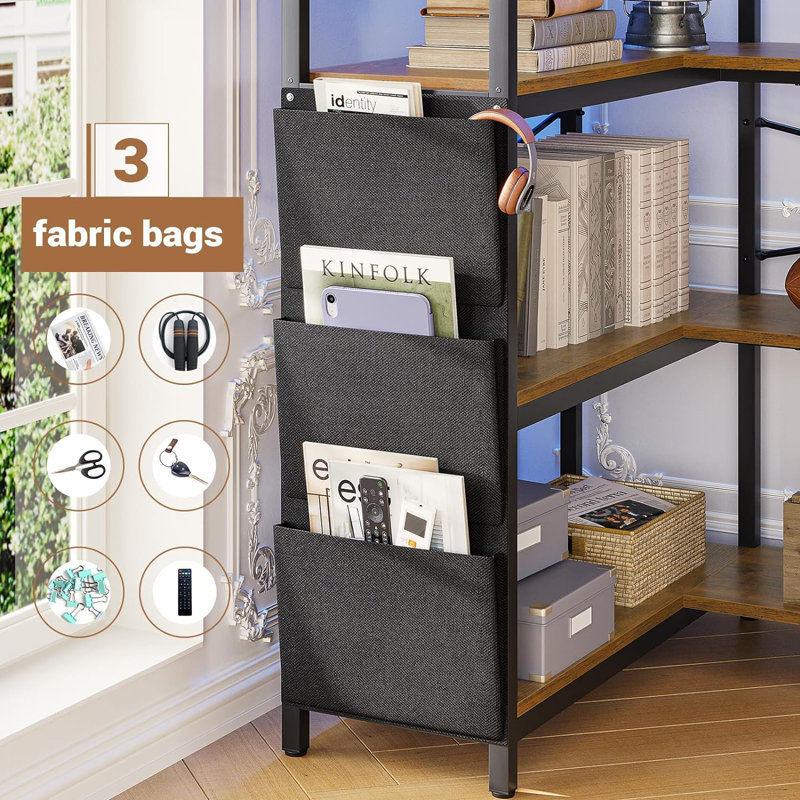 Rustic Brown 5-Tier Convertible Corner Bookshelf with LED Light