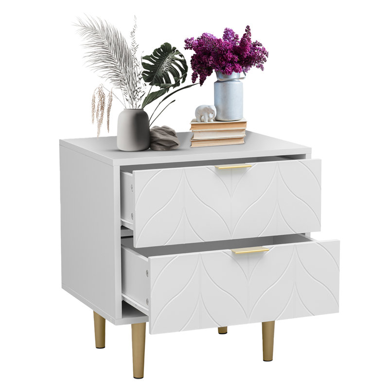 Kham Classic 2-Drawer Wood Nightstand, Bronze Trim, 53x50x40cm, White