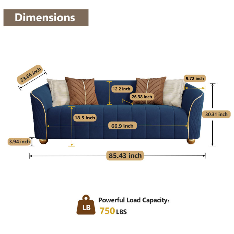 85.43" Upholstered Velvet Sofa, Blue