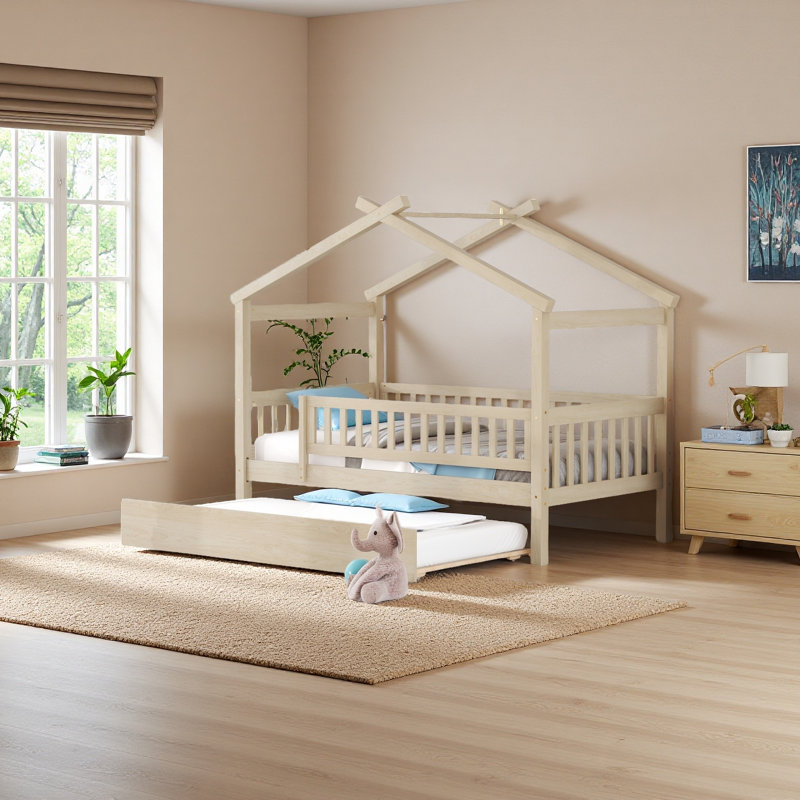 Wooden House Bed With Trundle, Natural, Twin