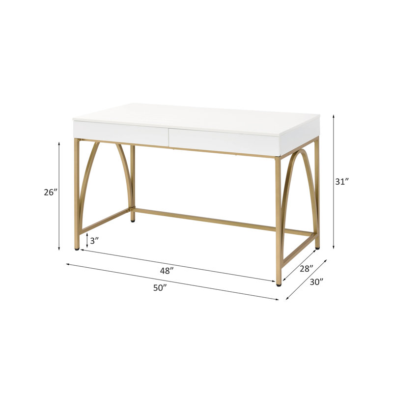 Élégant bureau blanc brillant avec pieds dorés et 2 tiroirs de travail