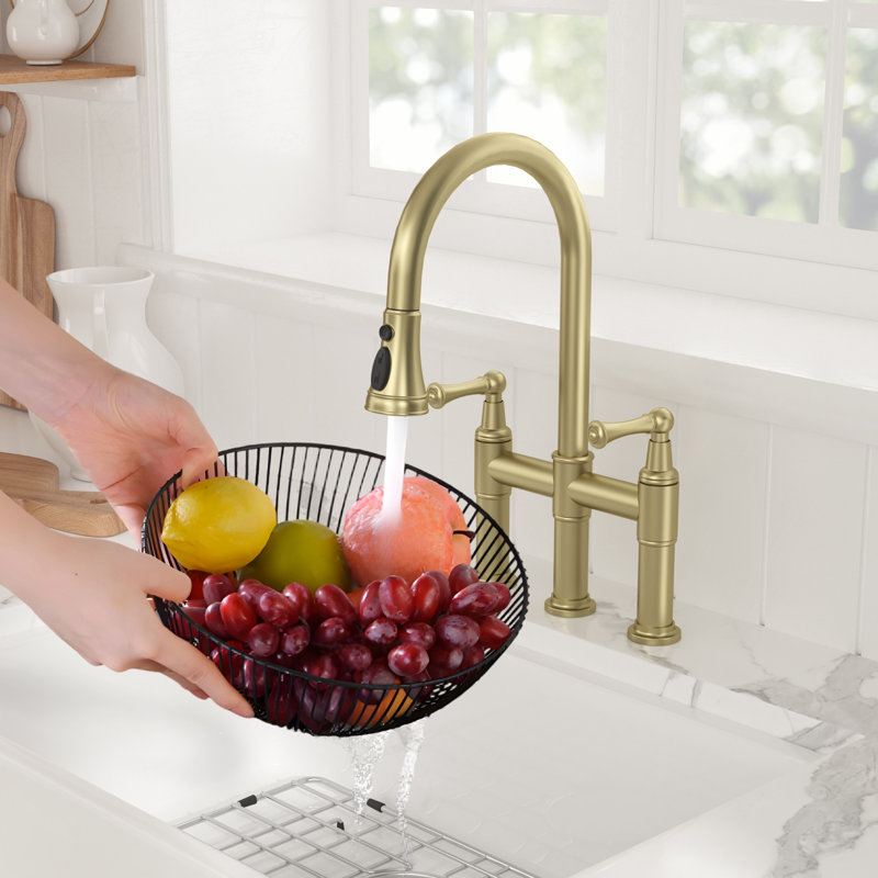 Pull Down Bridge Kitchen Faucet, 3 Hole 8 Inch Double Handle Kitchen Sink Faucet, Gold