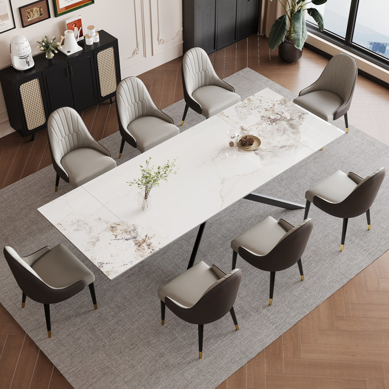 Ensemble de salle à manger à rallonge rectangulaire en pierre frittée avec 8 chaises en cuir 9 pièces Vetler, Chanel