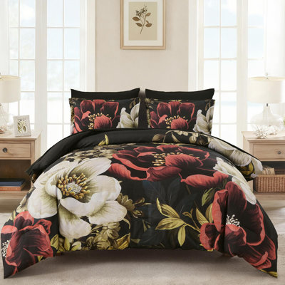 Ensemble d'édredon floral 7 pièces, ensemble de literie toutes saisons en microfibre douce avec drap plat, drap-housse, taies d'oreiller et taies décoratives