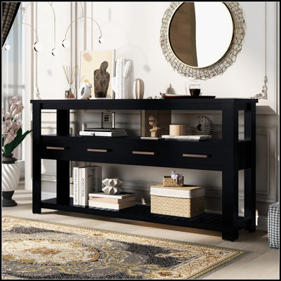 Console moderne de 62,2 po avec 4 tiroirs et 2 tablettes, parfaite pour le rangement et la présentation dans le salon