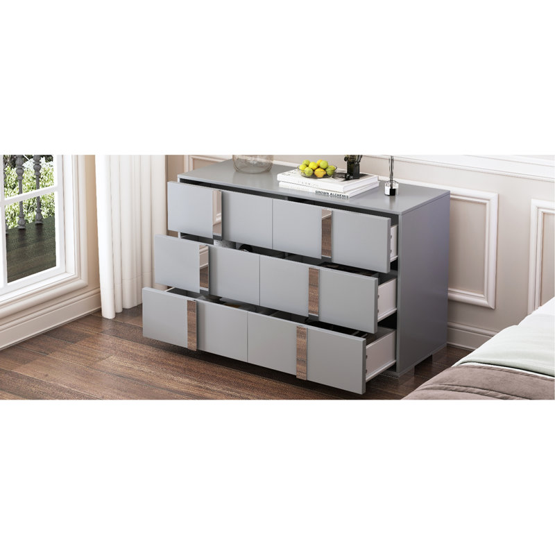 Commode élégante avec poignée en métal, armoire de rangement à miroir avec 6 tiroirs pour la chambre à coucher et le salon