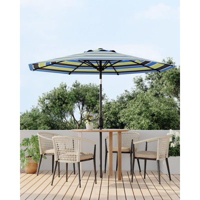 Parasol de patio 9 pi - 8 parasols de table robustes pour l'extérieur avec manivelle inclinable, rayures noires et blanches