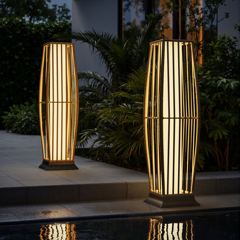 30.75'' Solar Powered Rattan Outdoor Floor Lamp (Set of 2), Natural