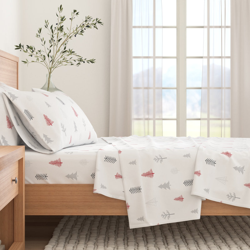 Winter Trees Red and Gray Cotton Flannel King Sheet Set