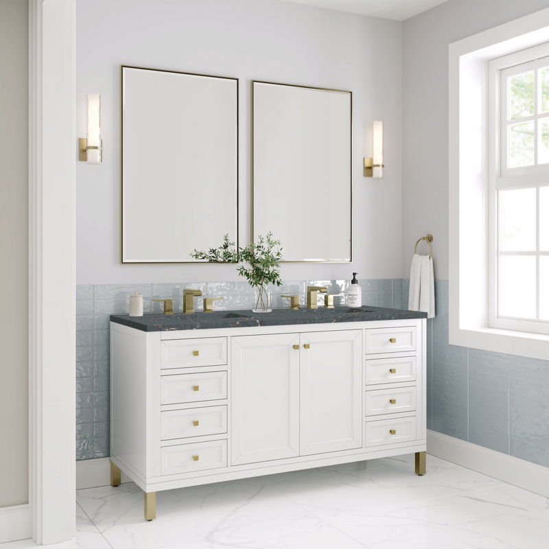 Chicago 60 in. Double Vanity, Glossy White, Parisien Bleu, 8" Widespread