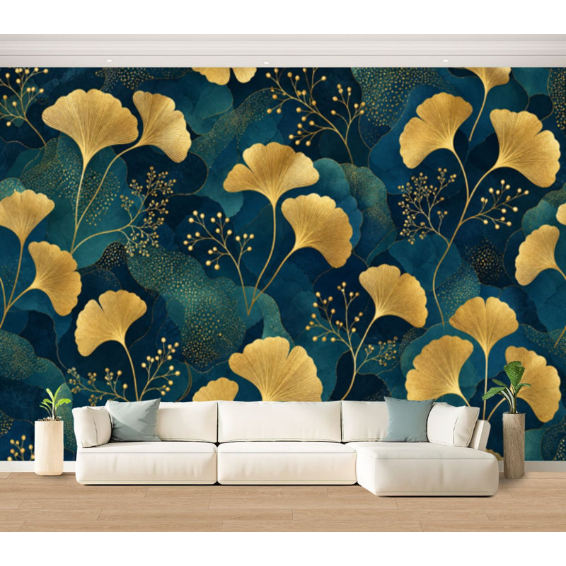Papier peint adhésif peler et coller sans soudure feuille de gingko doré et feuilles vertes à l'infini Idéal pour la décoration murale en papier autocollant amovible pour le salon Chambre à coucher H 100 po x l 144 po