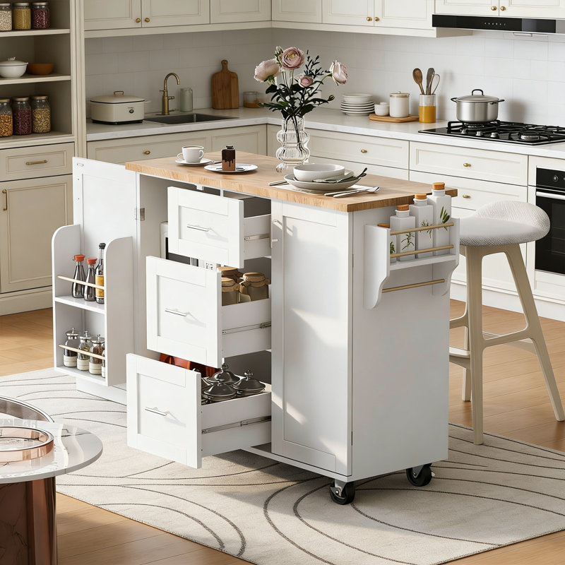 Kitchen Island With Rubber Wood Top, White