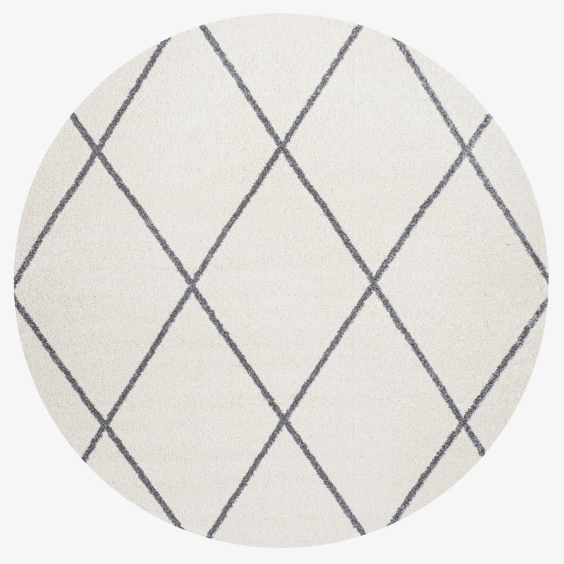Bertrice Minimalist Diamond Trellis White/Gray Rug, Round 5'3"