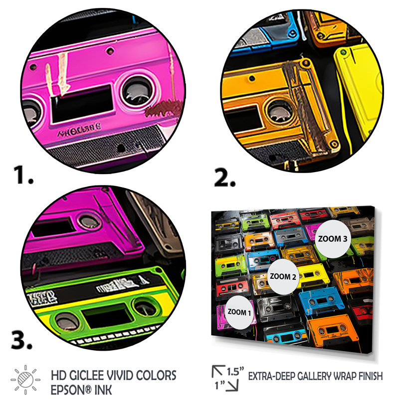 «Retro Futur Melodic Beats II - Cassette Tapes», art mural, Cadre d'angle fermé noir, H 16 po x l 32 po x P 1 po