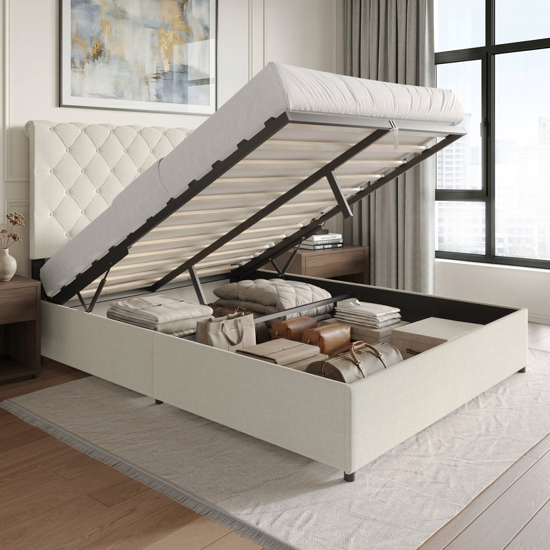GRANDE PLATE-FORME GRAND LIT DE RANGEMENT EN LIN BEIGE, Grand lit