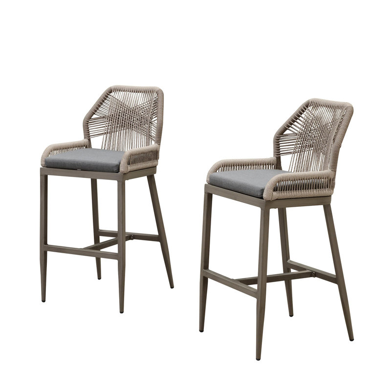 Purple Leaf Patio Upcycled Fabric Bar Stools 28" H Set Of 2 Handwoven Wicker Bar Height Stool Modern Aluminum High Bar Chairs Outdoor Wicker Barstools With Back And Cushion For Kitchen Pool Island