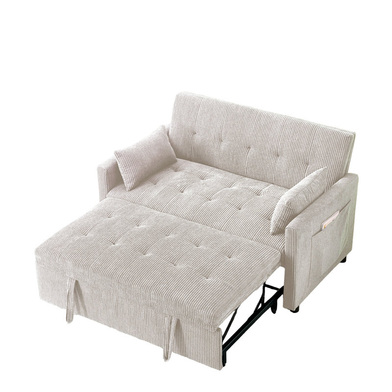 Causeuse convertible en velours côtelé de 53 po avec lit escamotable, dossier réglable, ports USB et poches latérales pour petits espaces